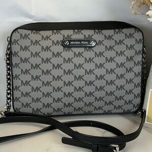 Michael Michael Kors Black Silver Jet Set Monogram Crossbody Shoulder Bag square